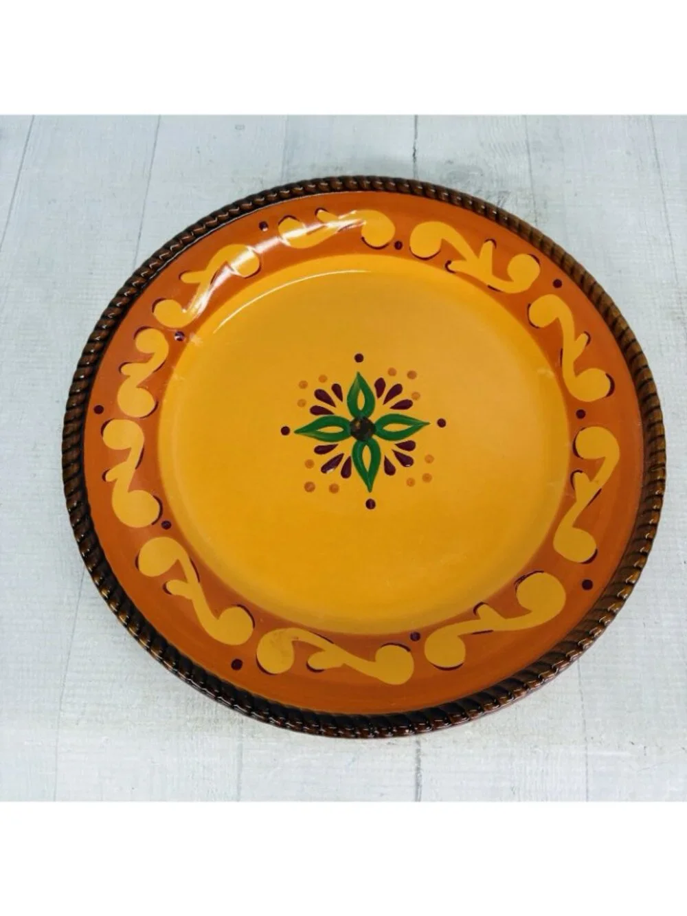 Celebrating Home TUSCAN Orange Red Yellow Rope Trim Stoneware Dinner Plate Set 3